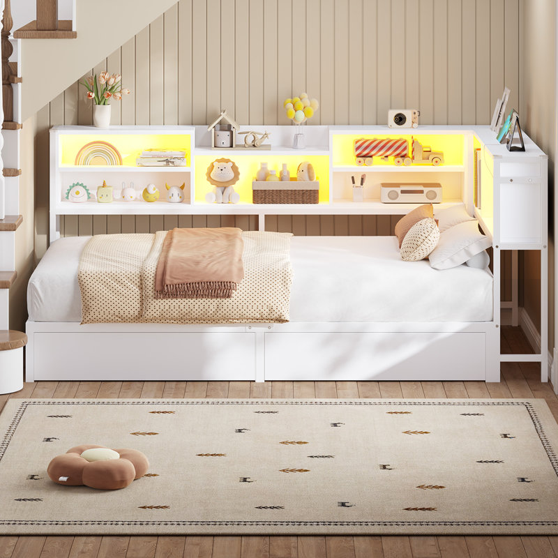 Twin Size Daybed With 2 Underneath Storage Drawers And Charging Station, L-Shape Corner Bed Frame With Storage Bookcase And Led Lights For Living Room, Bedroom & Guest Room, White