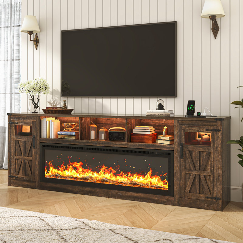 95" Farmhouse Fireplace Tv Stand For Tvs Up To 100 Inch With Power Outlets, Large Media Console With 60" Electric Fireplace & Led Lights For Living Room
