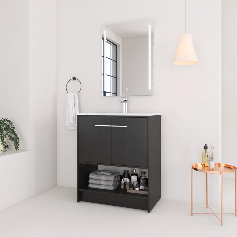 Meuble-lavabo autoportant 30 po avec lavabo en céramique, 2 portes à fermeture douce, Gris, Argent argent