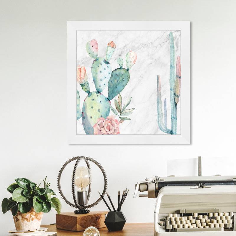 Marbre cactus et plantes grasses vertes botaniques - cadre photo, H 14 po x l 14 po, Papier avec cadre blanc