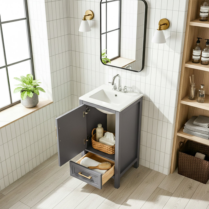 18" Single Bathroom Vanity with Ceramic Top, Gray