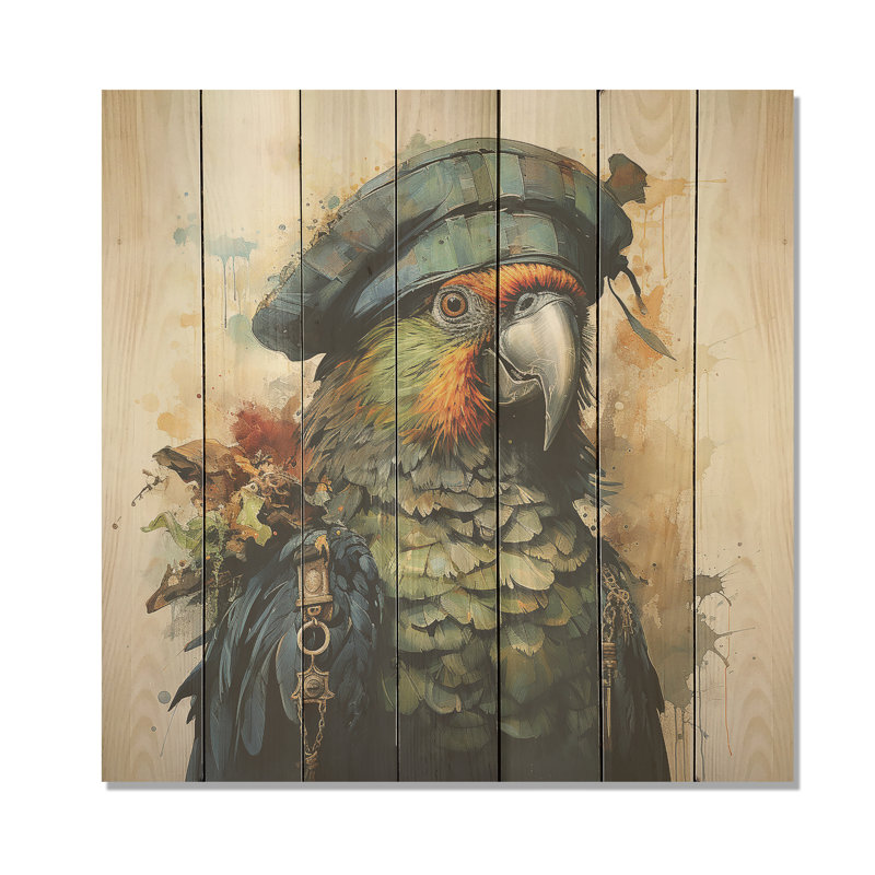 Pirates Parrot Feathered Buccaneer II - Pirate On Wood Print, 15" H x 15" W