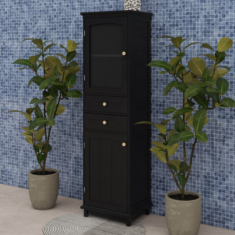 Armoire de salle de bain avec tablette réglable, 2 tiroirs, armoire de salle de bain avec portes en verre, Noir