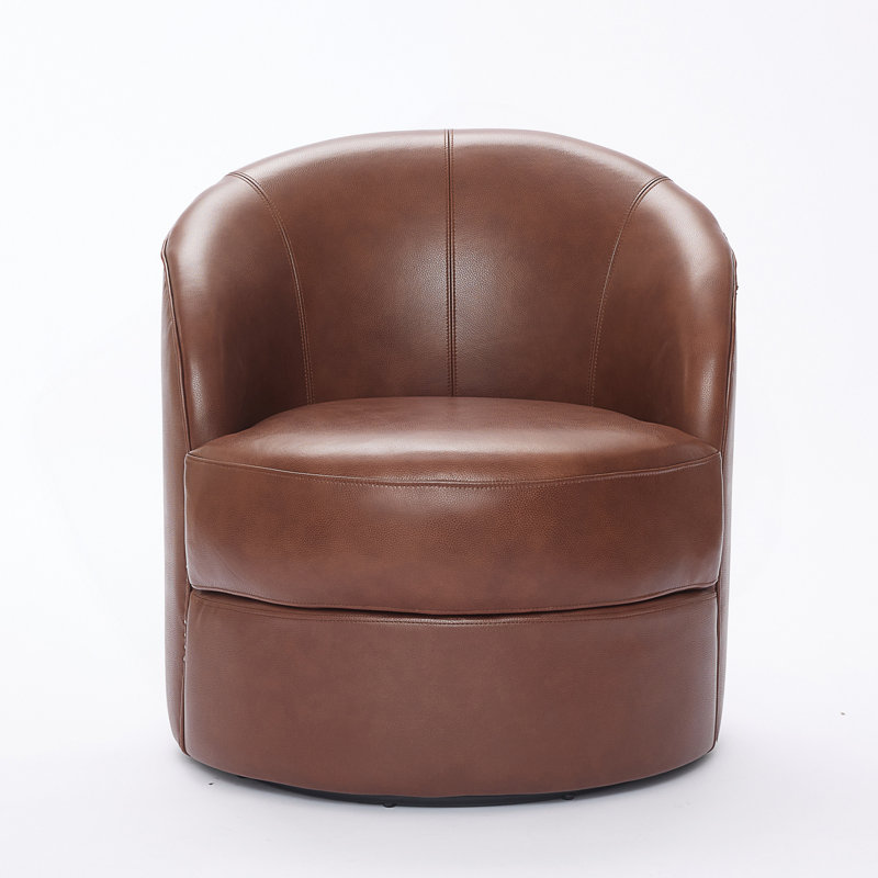 29'' Genuine Leather Swivel Barrel Chair, Brown