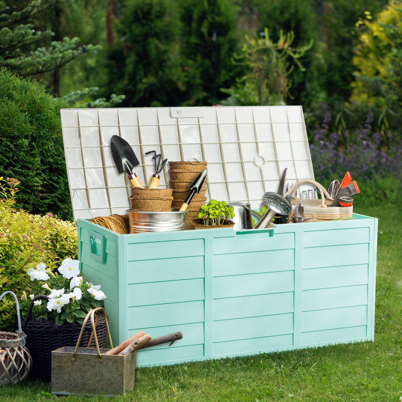Winado 75 Gallons Plastic Deck Box with Wheels, White/Green