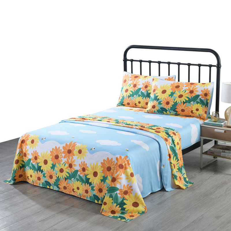 SH018 100% Cotton Twill Floral Sheet Set, Full Sheet + Fitted Sheet + 2 Pillowcases