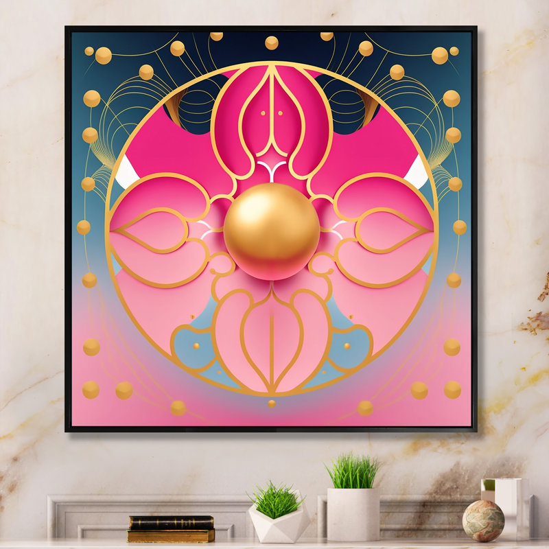 «Pink and Gold Abstract Flower», reproduction sur toile, H 16 po x l 16 po x P 1 po, Toile avec cadre flottant noir