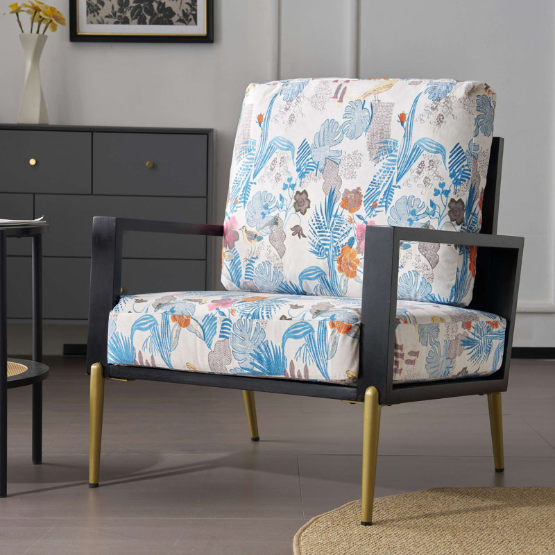 Fauteuil Art avec siège en velours floral bleu et cadre en bois