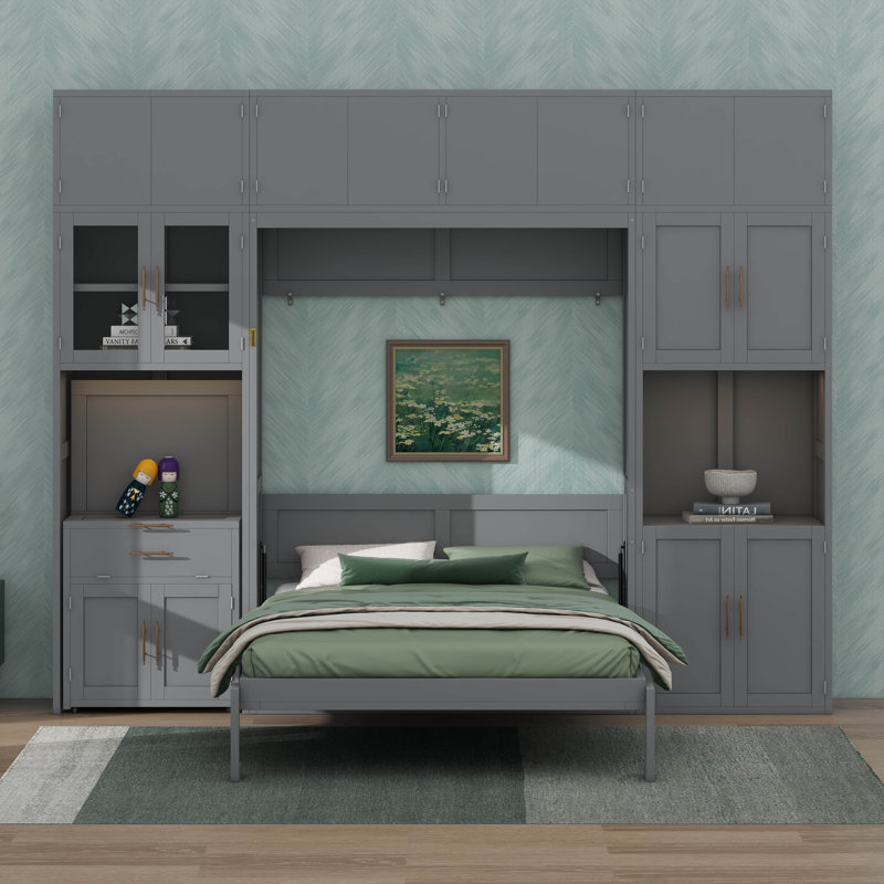 Lit escamotable double avec bureau et huche à porte vitrée, lit escamotable mural avec armoires de rangement, lits escamotables pliables peu encombrants avec prise USB et prise de courant, tablettes éclairées à DEL