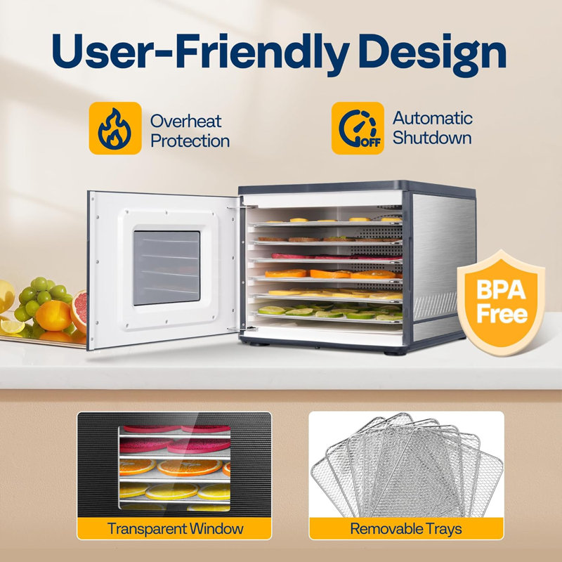 6-Tray Silver Stainless Steel Food Dehydrator with Timer and Temperature Control