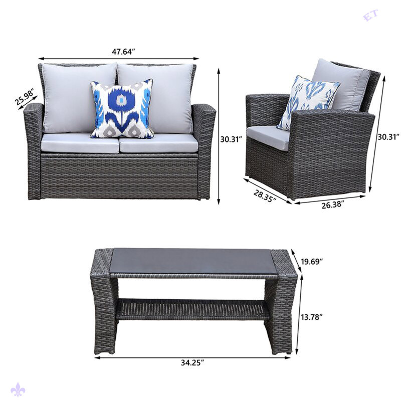Gray Steel Frame 4-Piece Outdoor Patio Set with Cushions