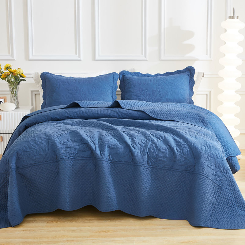 Navy Cotton Queen Embroidered Bedspread Set