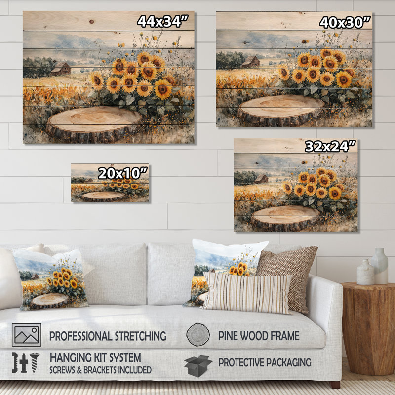 Sunflowers Landscape At The Barn - Sunflowers Wood Wall Decor - On Natural Pine Wood, 30" H x 40" W x 0.78" D