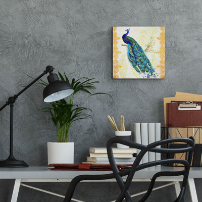 «Beautiful Peacock B» par Jean Plout, art mural en verre acrylique, 12 po x 12 po