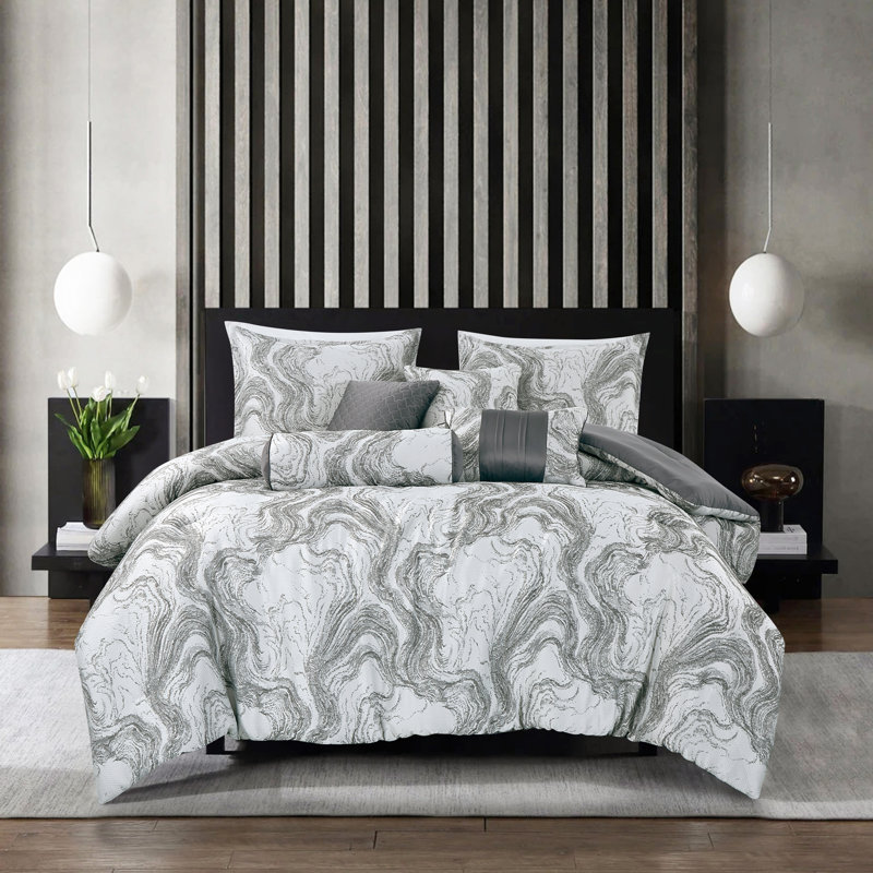 Ensemble d'édredon 7 pièces Emest Luxury, Édredon pour grand lit + 2 taies décoratives, Motif floral bleu / blanc