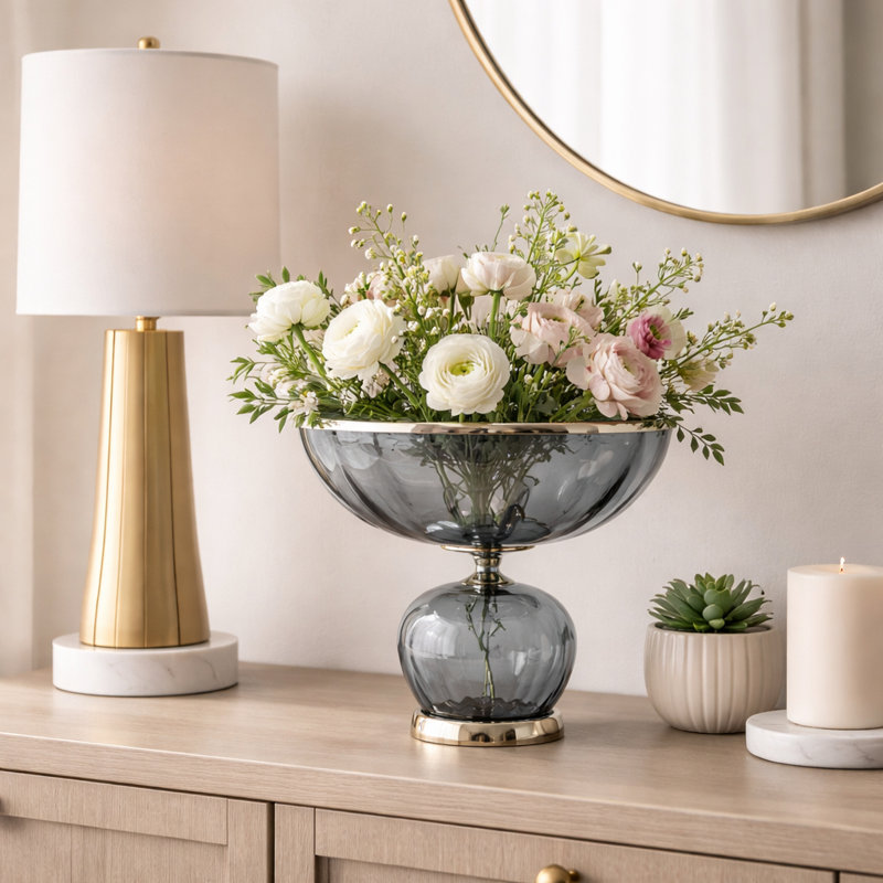Élégant vase rond en verre avec rebord en métal pour la maison, 12"