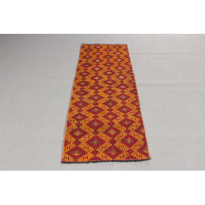 Tapis kilim turc tissé à la main en jaune avec motif bohémien brodé Oushak, idéal pour les petits espaces en laine pure