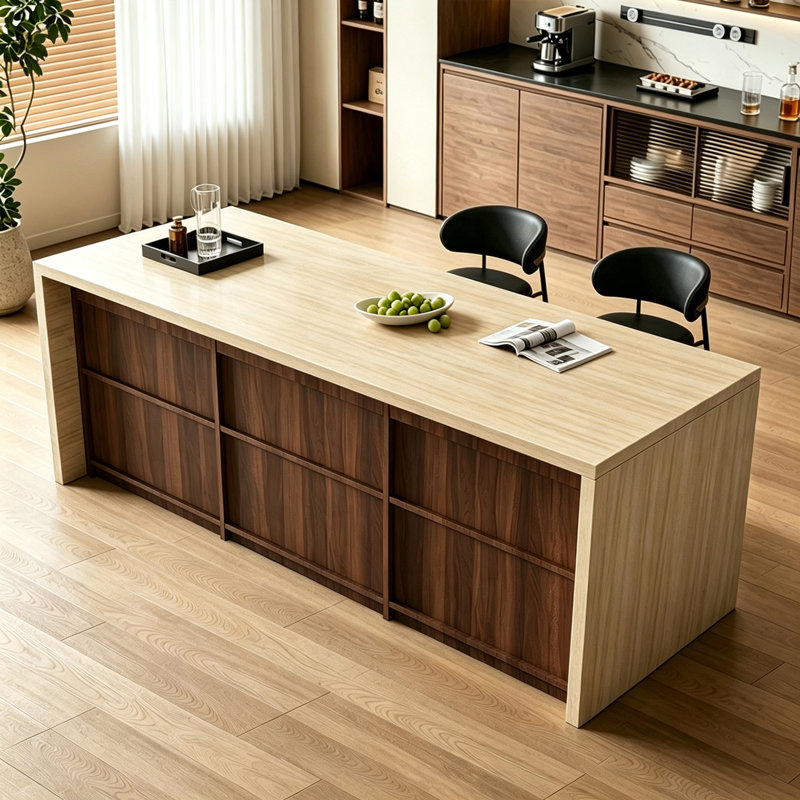 Îlot de cuisine de style Mid-Century avec plateau en marbre, armoire de rangement, grand comptoir, poignées encastrées, poste de travail indépendant pour les repas et la préparation des plats.