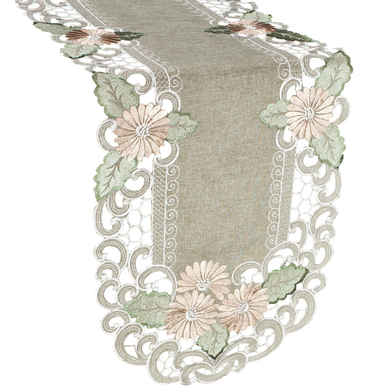 Georgiana Gold Daisy Fleur Latte Green Table Runner, 34" x 15"