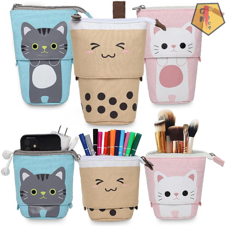 Kawaii Pencil Case With Boba Smile Face Telescopic Standing Pencil Bag  Pouch Cute Pencil Holder Office Products