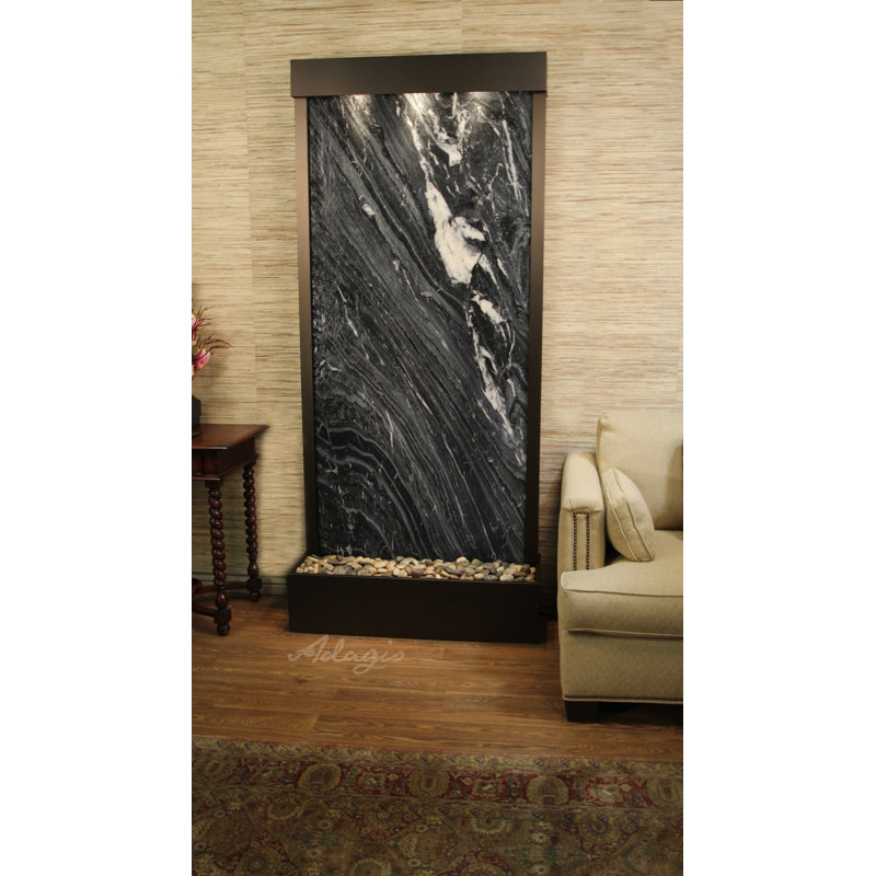 Tranquil River Indoor Outdoor Acrylic Floor Fountain with Lights, Black Spider Marble, Antique Bronze