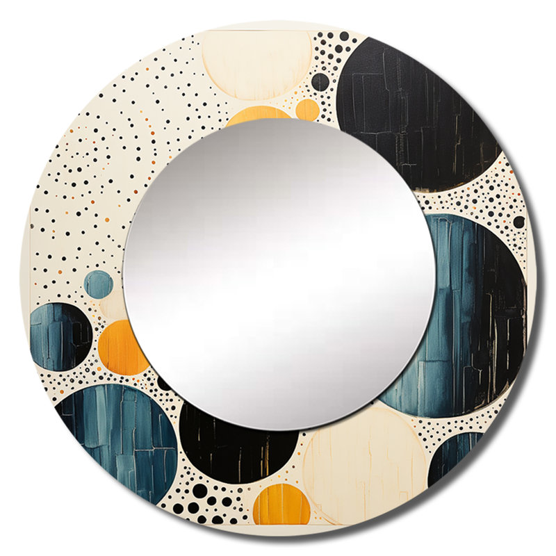 Yellow Blue Mid Century Minimalist Masterpiece - Abstract Collages Round Mirror Wall Decor, 29" x 29"