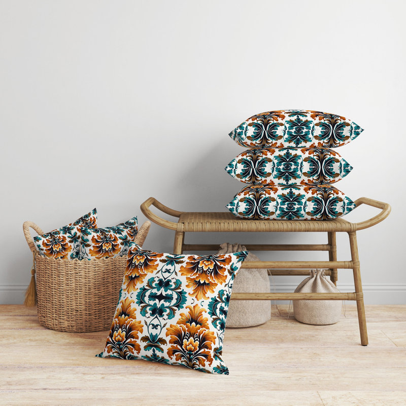 Coussin décoratif réversible intérieur / extérieur Damask Rapture, H 16 po x l 16 po, Vert / orange