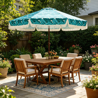 9FT Fringe Patio Umbrella with Crank Handle for Patio Beach Pool Backyard