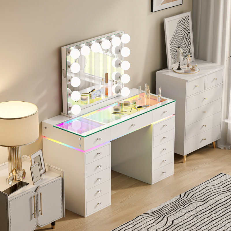 Vanity Set with High-Definition Glass Top, LED Mirror, Power Outlet, 13 Drawers & Crystal Knobs, White