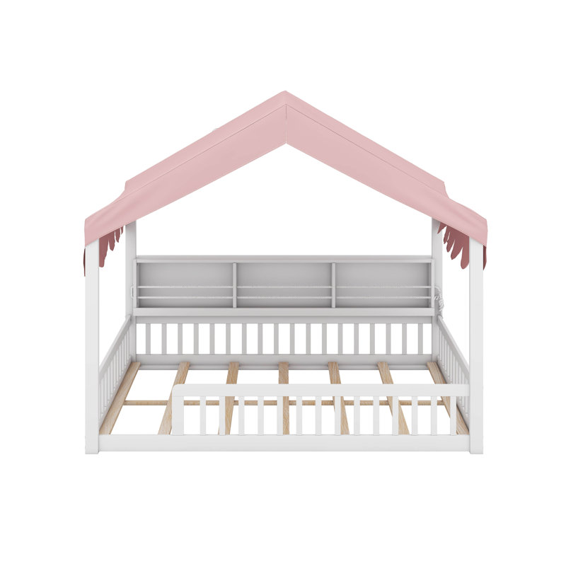 Lit double en bois avec Fense, étagères et lumière DEL, Blanc / Rose