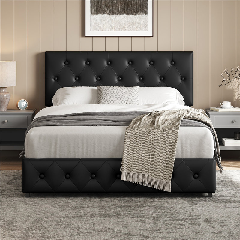 Upholstered Bed Frame with Drawer Storage, Black, Double (4'6)