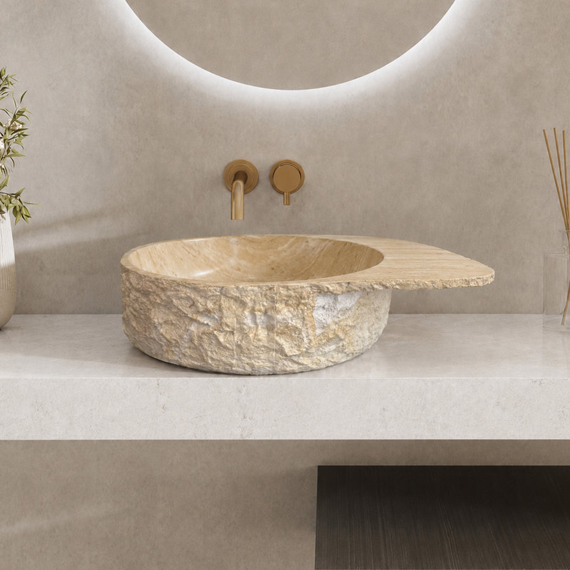 Lavabo de salle de bain en pierre 20 "à cuve ronde à surface solide de style artistique en pierre de travertin jaune Zen