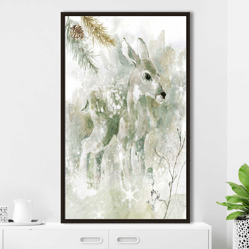 Winter Lodge Fawn par - Peinture, Cadre flottant espresso, H 33,5 po x l 21,5 po x P 2 po