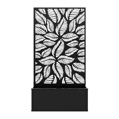 Black Metal Wall-Mounted Planter Box with Decorative Leaf Privacy Panel, 24-Inch Vertical Garden Bed