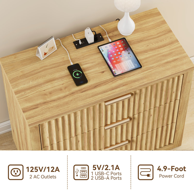3-Drawer 31.5'' W Fluted Nightstand with Outlets, Wood Storage Bedside Table