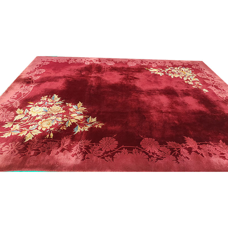 Chinese Room Size Antique 1920s Knotted - Art Deco Rectangle Wool Coral Rug