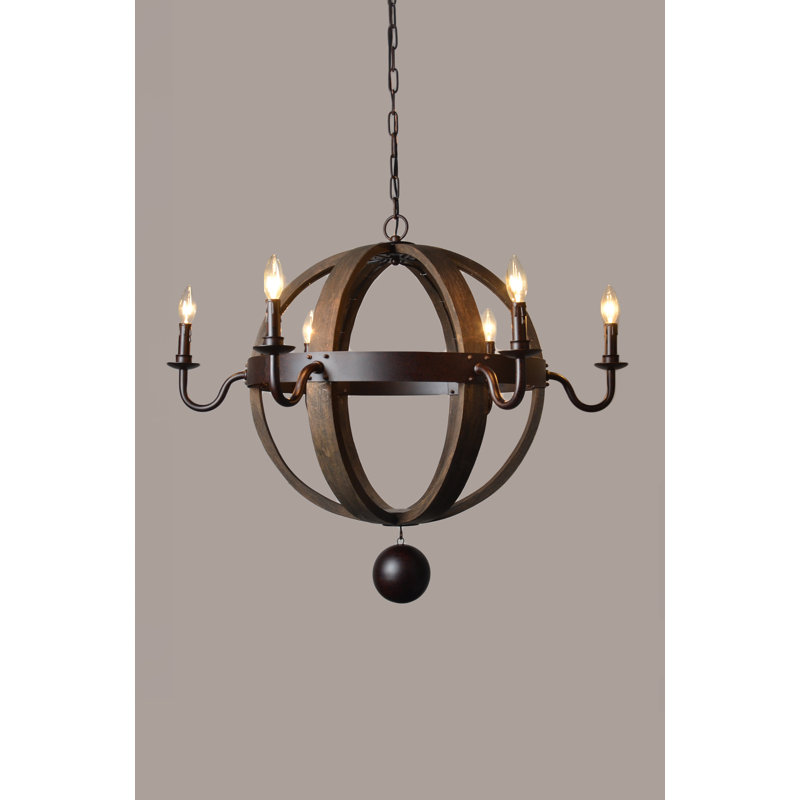 Lustre en forme de globe à 6 lumières avec détails en bois Clairville