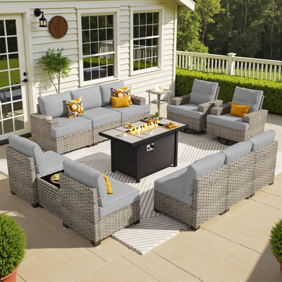 10-person Outdoor Sectional With Cushions,swivel Rockers,led Coffee Table And Fire Pit,all-weather Wicker Patio Set by Latitude Run