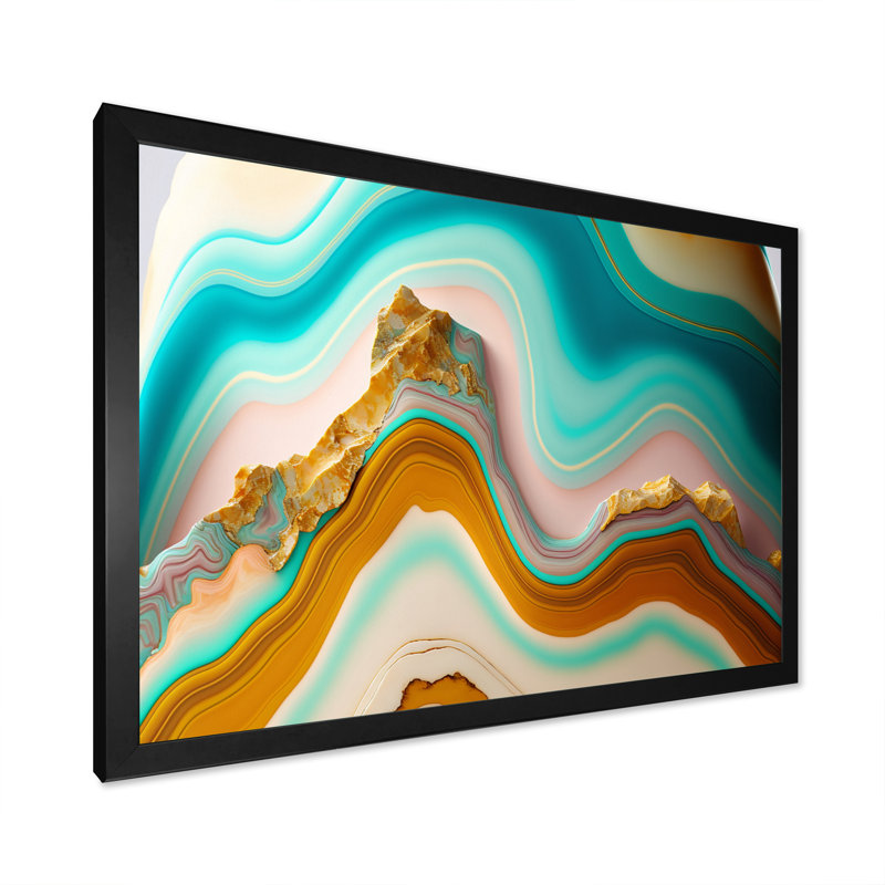 Liquide Harmony agate turquoise sur toile, Cadre simple noir, H 12 po x l 20 po x P 1 po