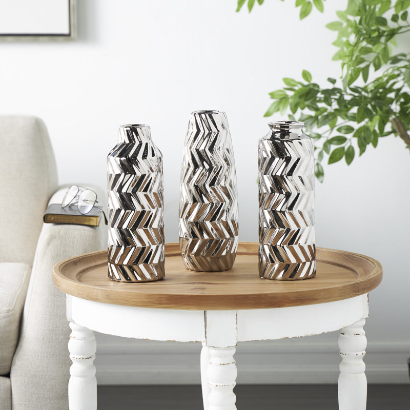Elvita Ceramic Dimensional Chevron Textured Decorative Vase with Varying Shapes Set, Silver