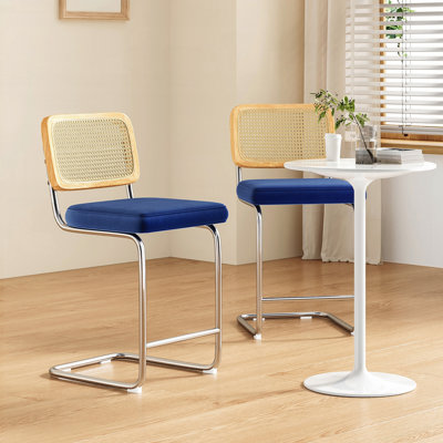 Ensemble de 2 tabourets de bar à hauteur de comptoir / revêtu de similicuir en polyuréthane avec dossier en rotin / confortable et durable pour îlot de cuisine