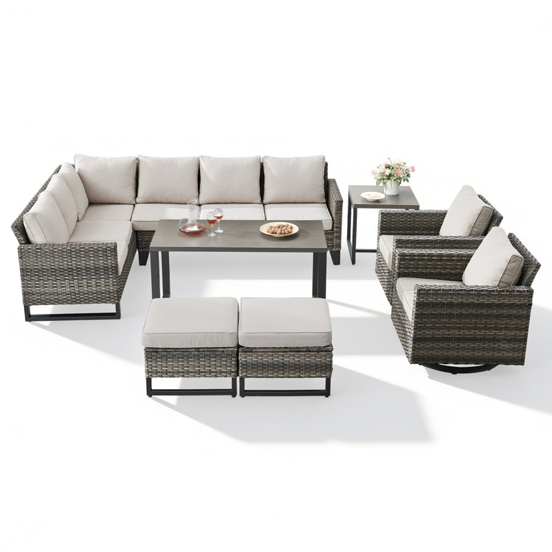 8 - Person Patio Conversation Set with Cushions, Beige