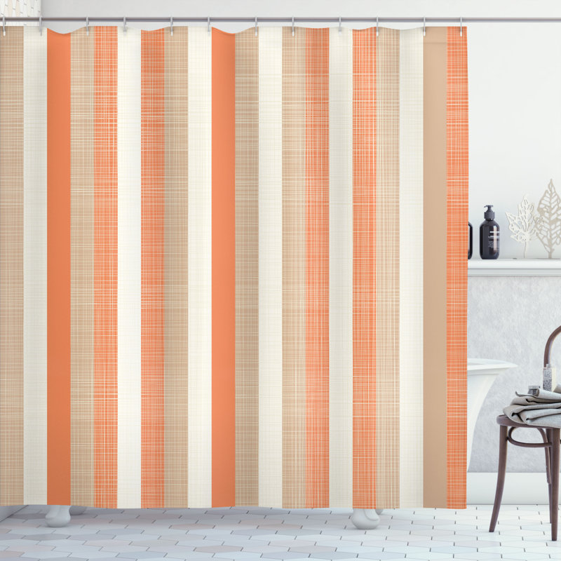 Burnt Orange and Beige Striped Fabric Shower Curtain with Hooks