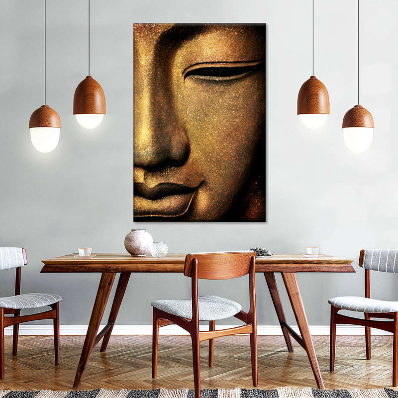 Visage de Bouddha doré sur toile, H 48 po x l 32 po x P 1,25 po