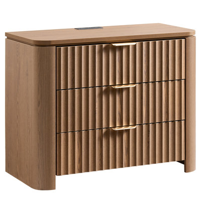 Table de chevet Aaryahi à 3 tiroirs cannelés avec poste de recharge, marron, 1 pièce
