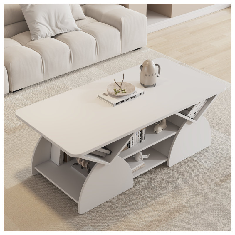 Table basse moderne blanche avec tablettes de rangement - Table de centre rectangulaire de conception géométrique pour le salon