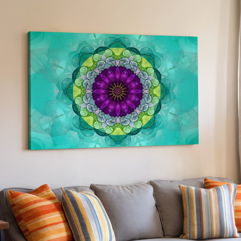Reproduction d'art sur toile, "Mandala symétrique vibrant" avec une fleur centrale avec art mural, H 20 po x l 20 po