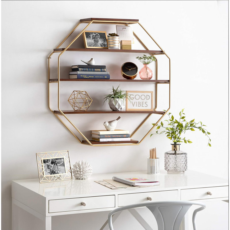 Floating Wood Wall Shelves With Gold Metal Frame, Octagon Design For Decorative Storage And Display