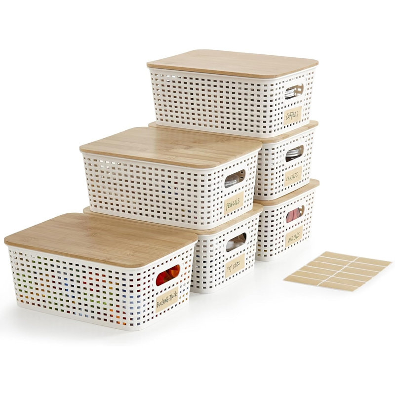Small Plastic Storage Bins with Bamboo Lids 5.2qt Stackable Box Basket Pantry Decorative Containers Cute with Lable