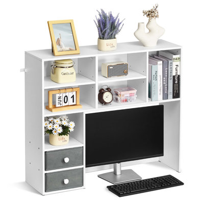 Bibliothèque de bureau, organisateur de rangement de bureau à 3 niveaux, étagère de rangement en bois 37 po x 10 po x 31,1 po, huche de bibliothèque de bureau avec deux tiroirs en tissu, pour bureau, maison et dortoir, blanc